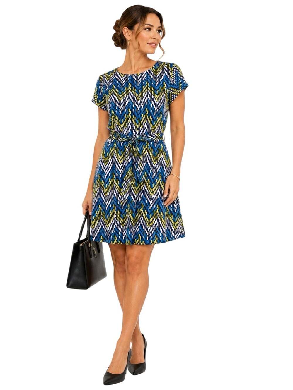 Hatley Chevron Print Belted Dress Blue Green Geometric Statement Print Preppy